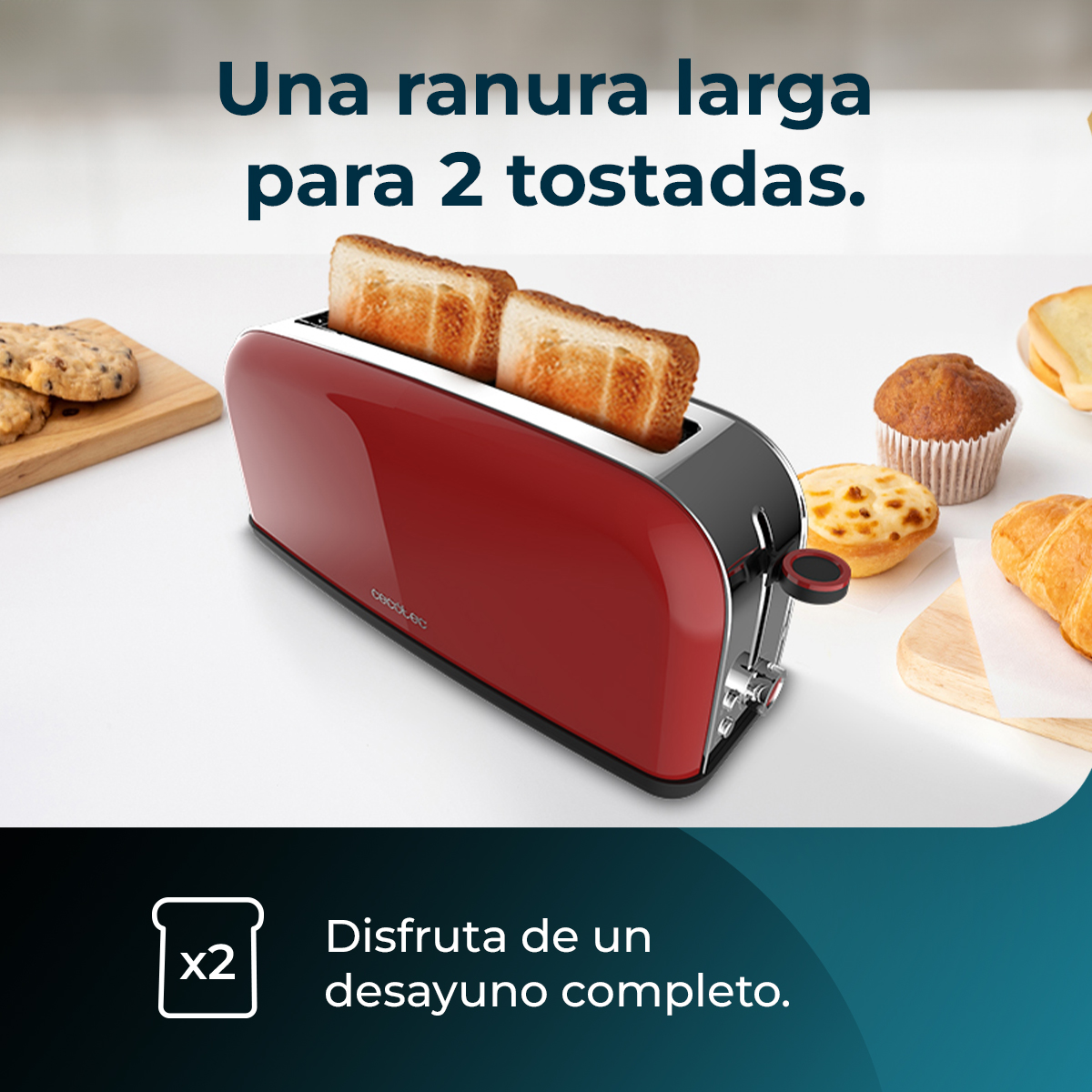Un tostapane rosso con due fette di pane tostato. Sono presenti anche altri articoli per la colazione come muffin e croissant.
