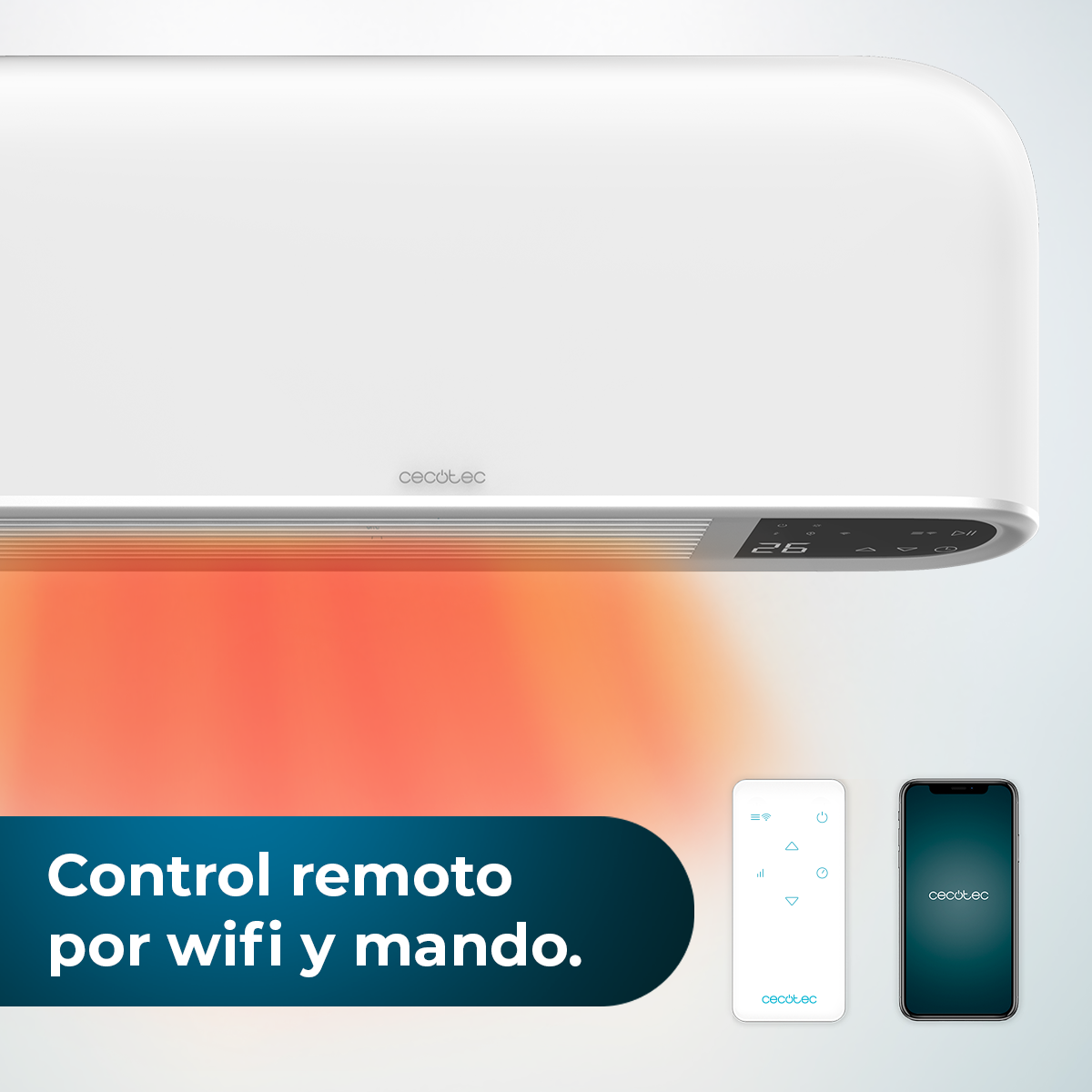Condizionatore bianco con telecomando e telefono. Il display mostra 26. Testo: Controllo remoto tramite wifi e telecomando.
