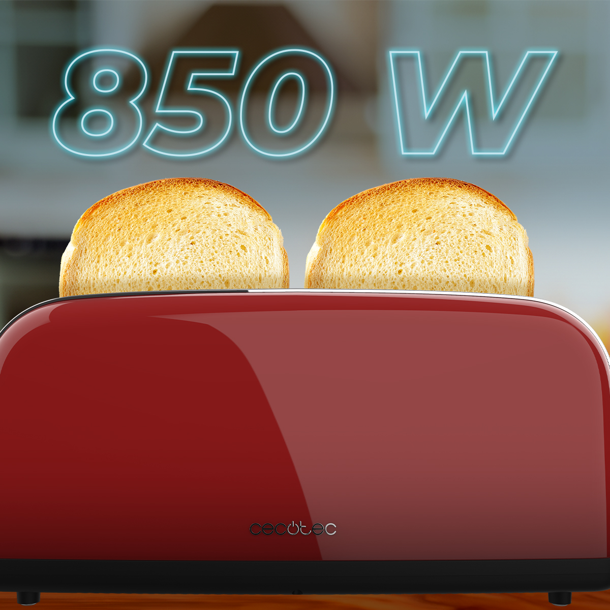 Un tostapane rosso con due fette di pane tostato. Sopra, testo blu neon recita '850 W'.