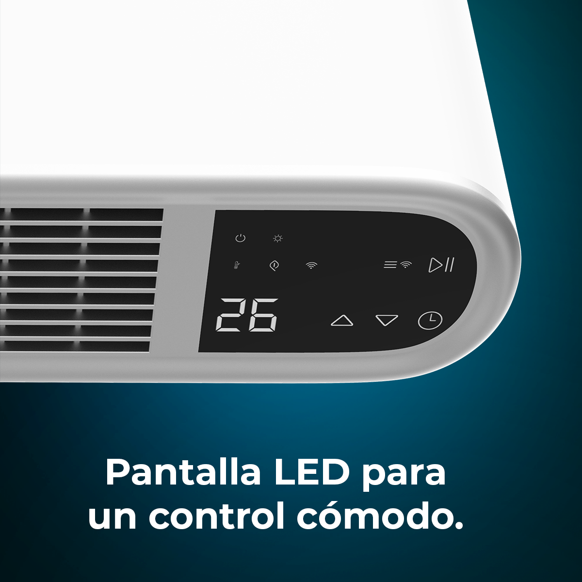Primo piano di un dispositivo bianco con display digitale che mostra '26'. Varie icone e pulsanti di controllo sono visibili.