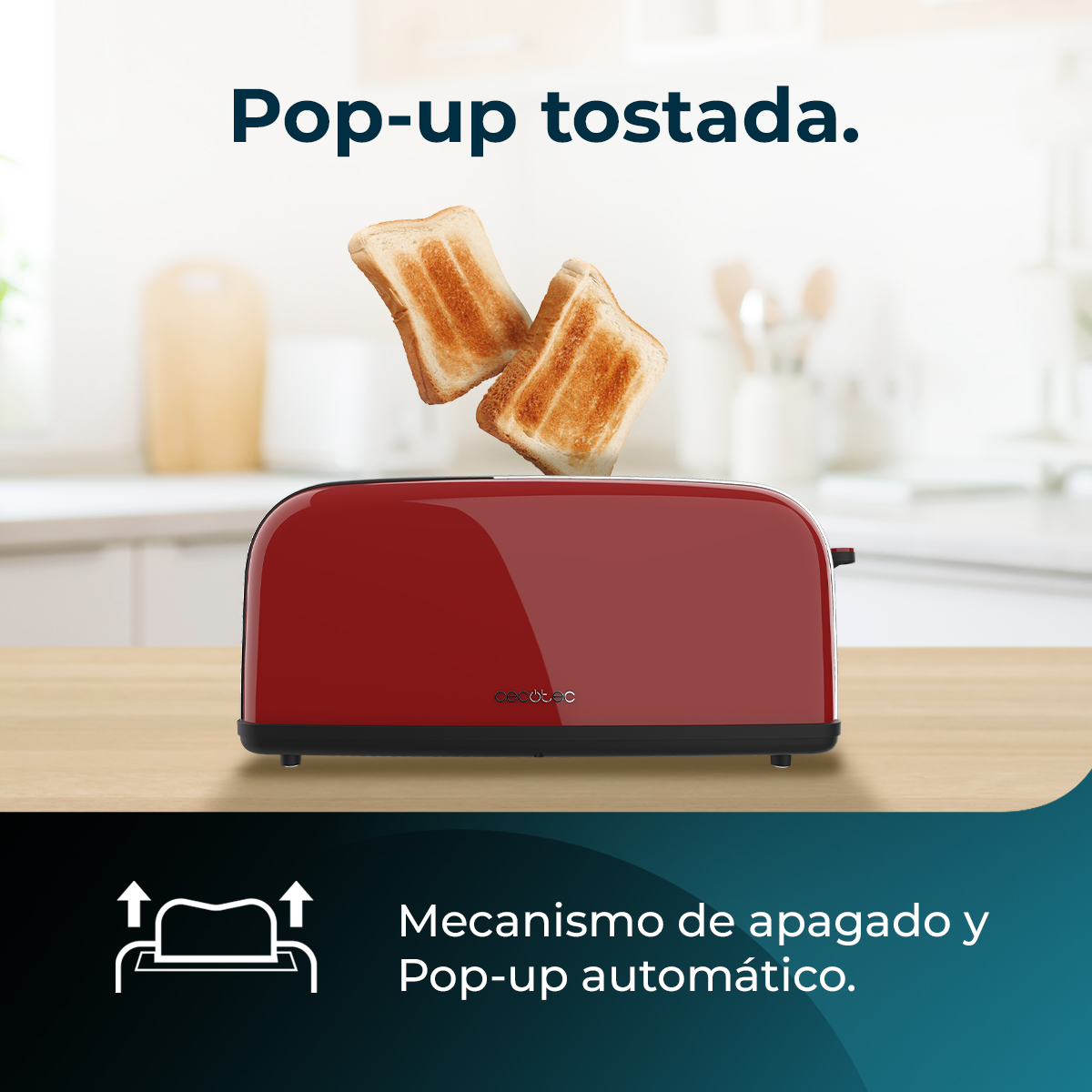 Un tostapane rosso con due fette di pane tostato che escono. Il testo recita 'Pop-up tostada.' e 'Mecanismo de apagado y Pop-up automático.'
