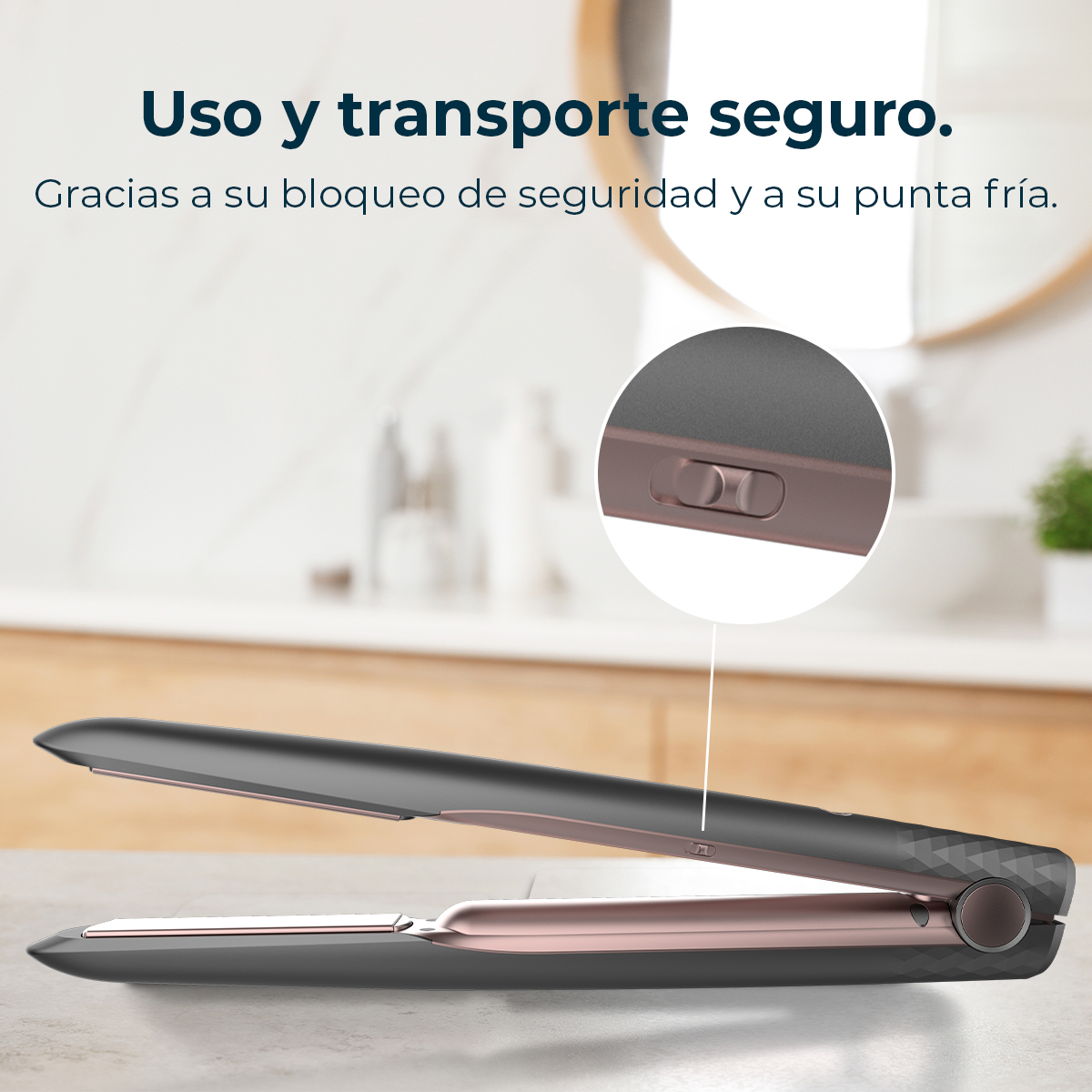 Prostownica do włosów na stole. Jest czarna i różowo-złota. Zbliżenie pokazuje przycisk blokady. Tekst mówi o bezpiecznym użytkowaniu i transporcie.