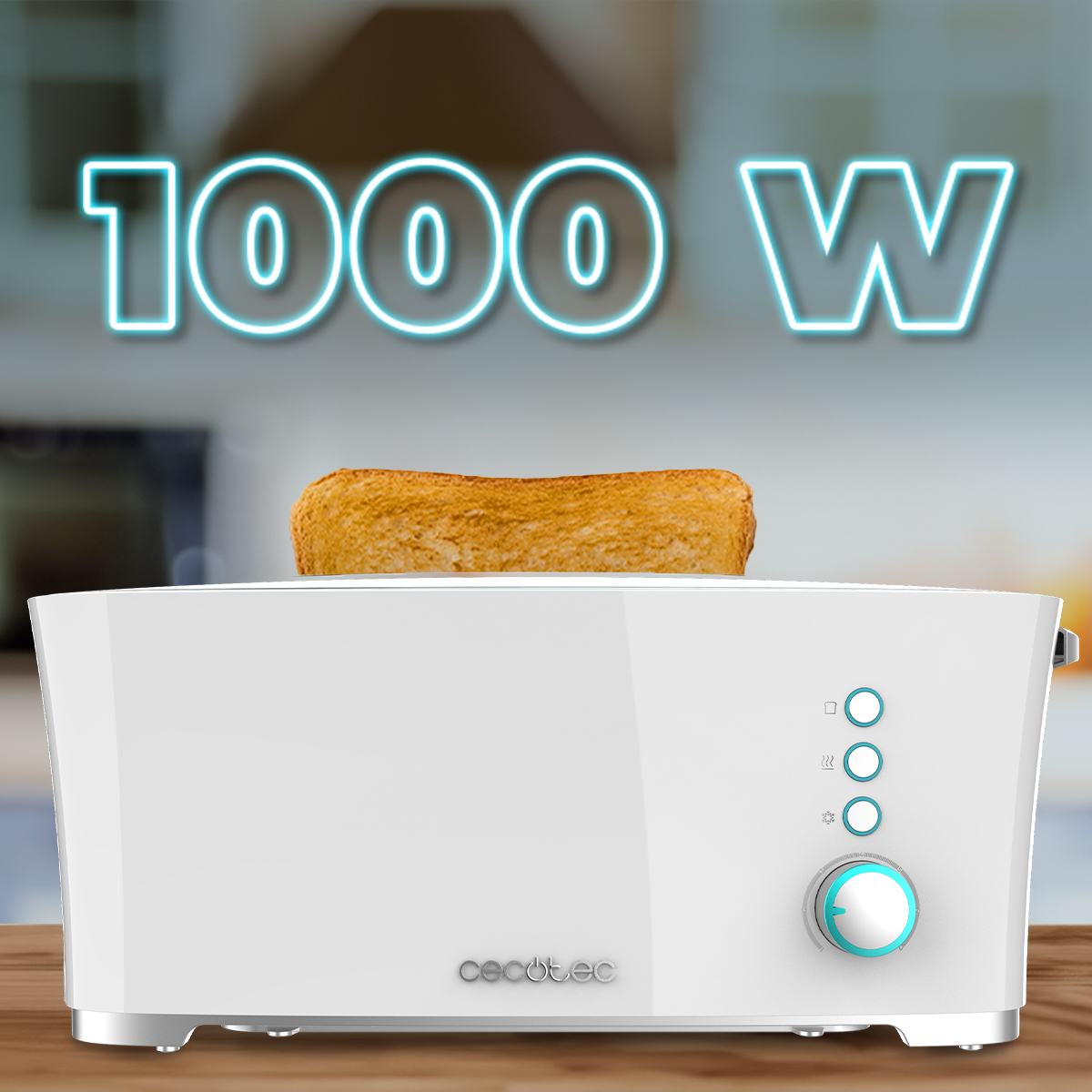 Tostapane bianco con una fetta di pane tostato. Testo: '1000 W'. Controlli: pulsanti e manopola. Superficie in legno.