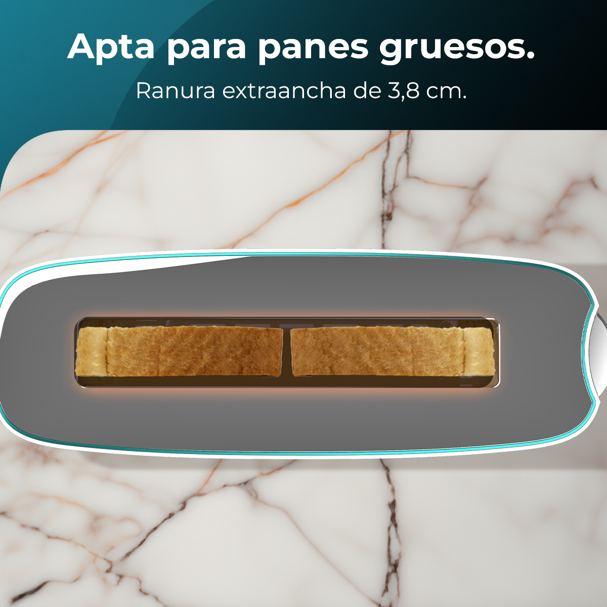 Un tostapane con due fette di pane tostato all'interno, su sfondo marmoreo. Testo in alto: 'Apta para panes gruesos.'