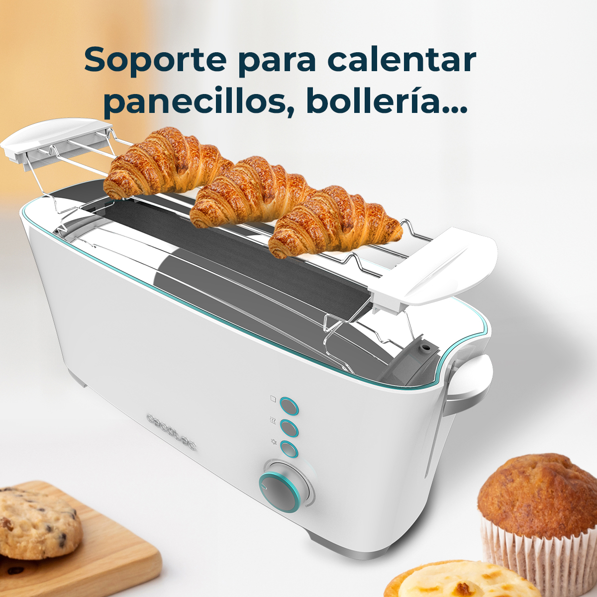 Un tostapane bianco con croissant sopra. Un biscotto, un muffin e un pasticcino sono in primo piano. Il testo dice 'Supporto per riscaldare il pane...'