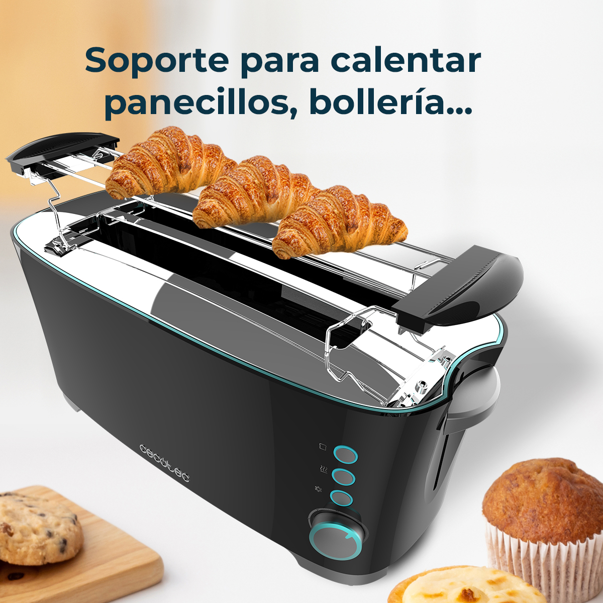 Ein schwarzer Toaster mit drei Croissants darauf. Ein Muffin, ein Keks und Gebäck liegen daneben. Text lautet: 'Unterstützung für das Erhitzen von Brötchen, Bäckerei...'