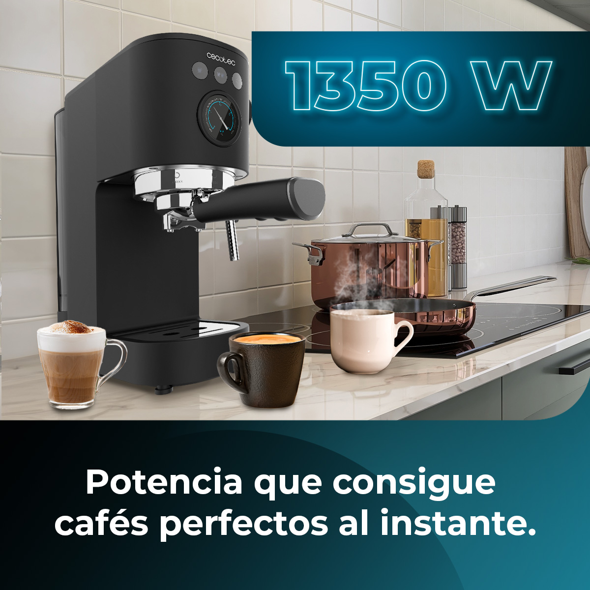 Macchina da caffè nera con tre tazze, una pentola e una padella su un fornello. Il testo dice 'Potencia que consigue cafés perfectos al instante.'