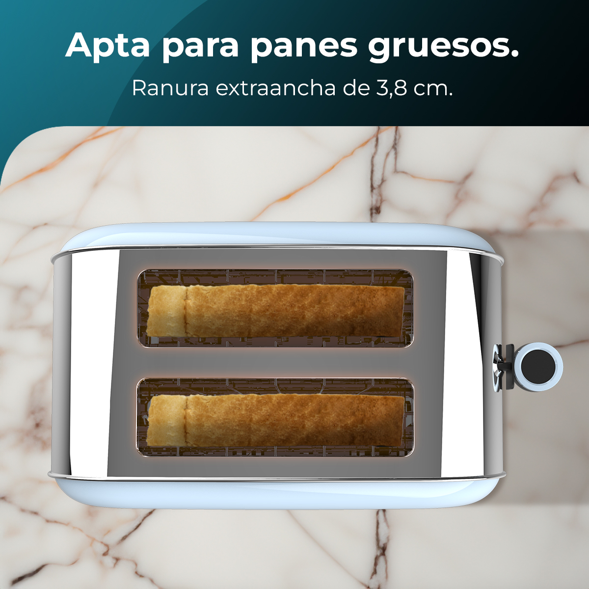 Una tostadora con dos rebanadas de pan tostado dentro. El fondo es una textura de mármol.