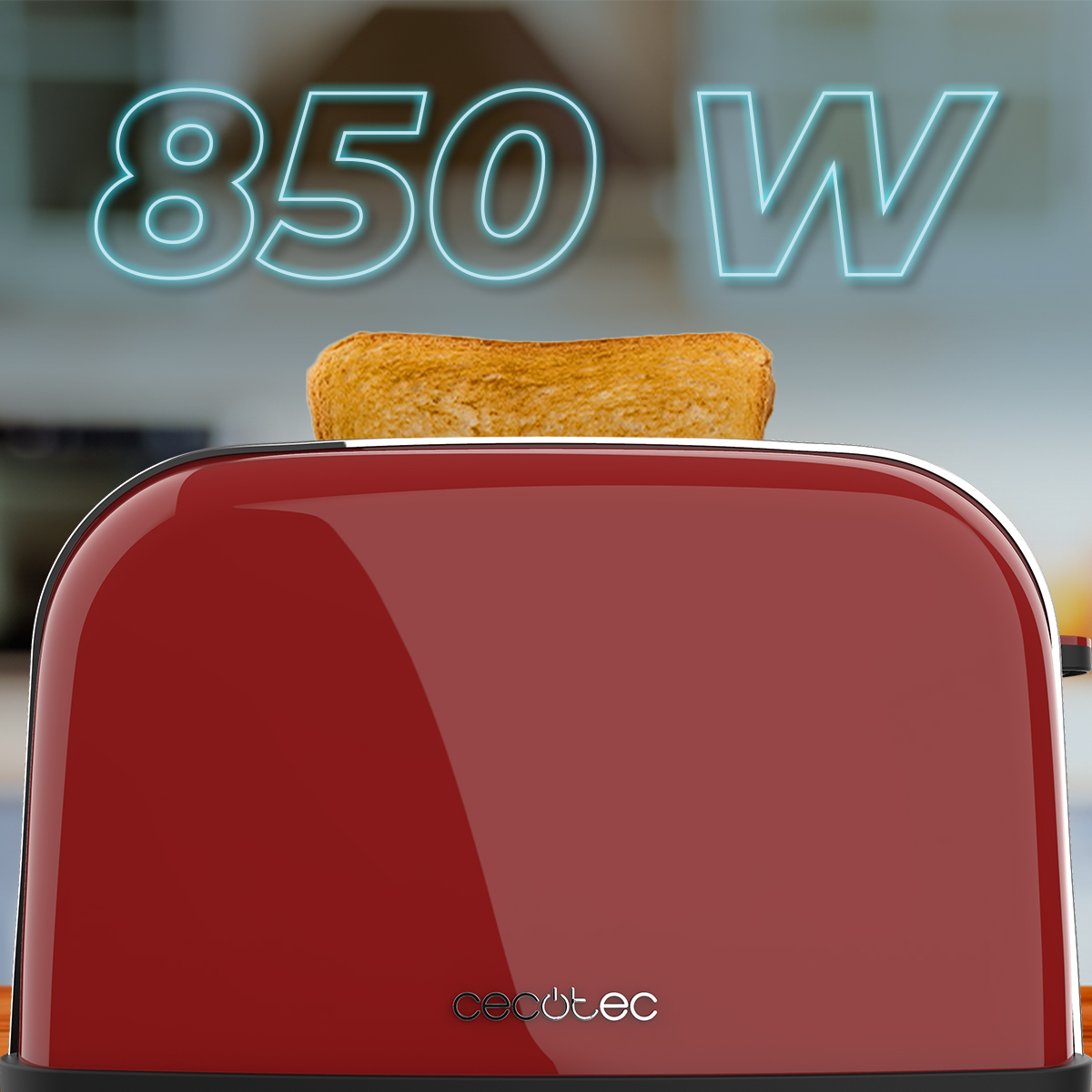 Un tostapane rosso con una fetta di pane tostato che sporge. Sopra, il testo '850 W' in blu.