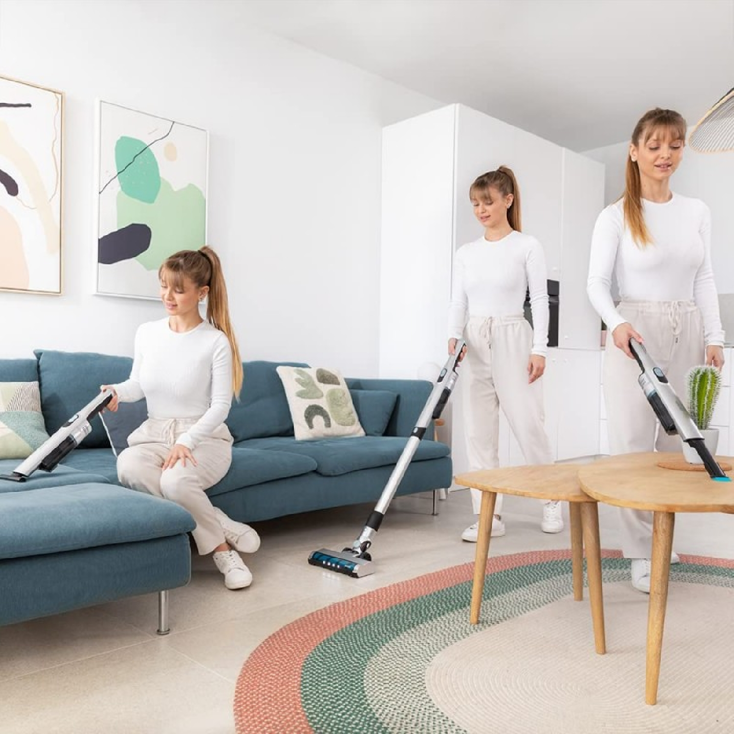 Tres mujeres aspirando una habitación. Una en un sofá, una de pie y otra cerca de una mesa. Paredes blancas, sofá azul y alfombra redonda.