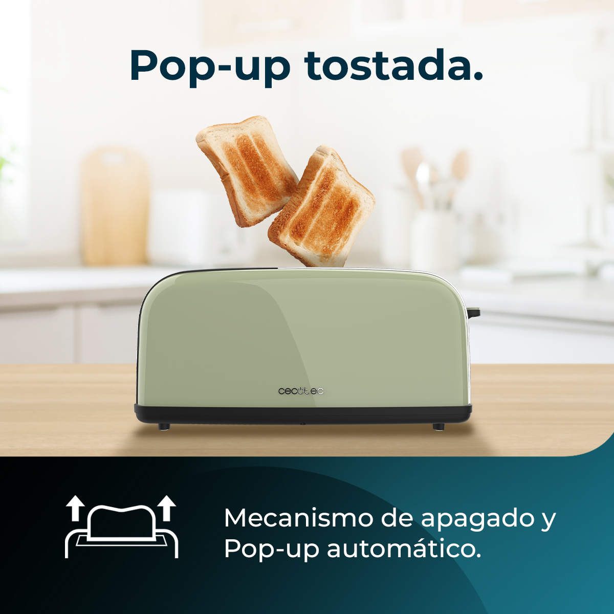 Una tostadora verde con dos rebanadas de pan tostado saltando. El texto dice 'Pop-up tostada' y 'Mecanismo de apagado y Pop-up automático'.