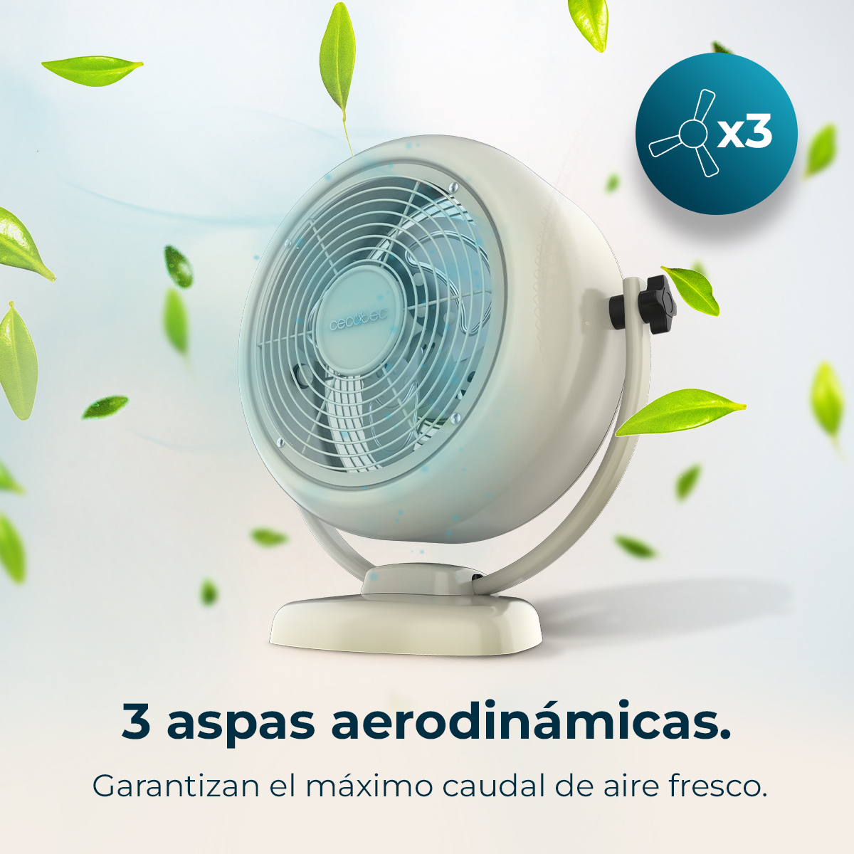 Un ventilatore bianco con tre pale e foglie verdi. Un cerchio blu mostra il numero tre e le pale.
