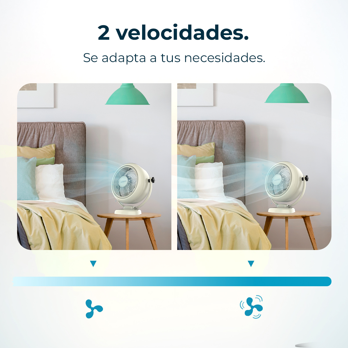 L'immagine mostra un ventilatore a due velocità. Il ventilatore è su un tavolo accanto a un letto.
