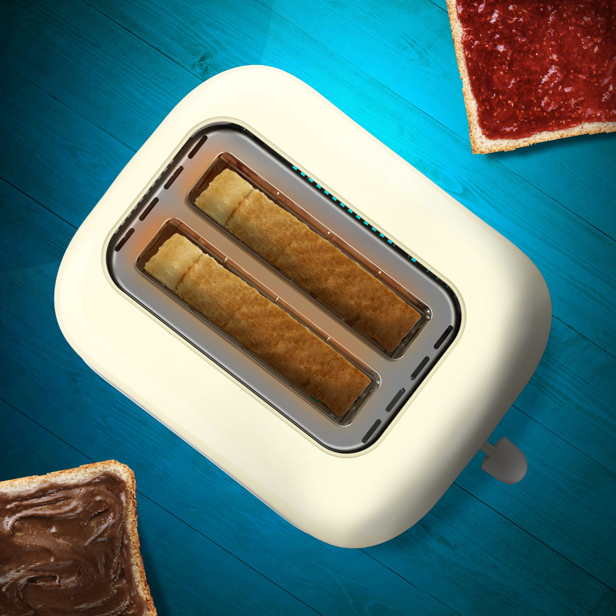 Un tostapane color crema con due fette di pane tostato all'interno e due fette di pane tostato con marmellata e crema al cioccolato su sfondo in legno blu.