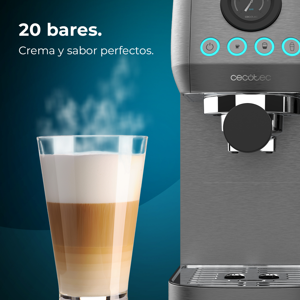 Eine Kaffeemaschine mit einem Glas geschichteten Kaffees. Dampf steigt aus dem Glas auf. Text: '20 bar. Perfekte Creme und Geschmack'.