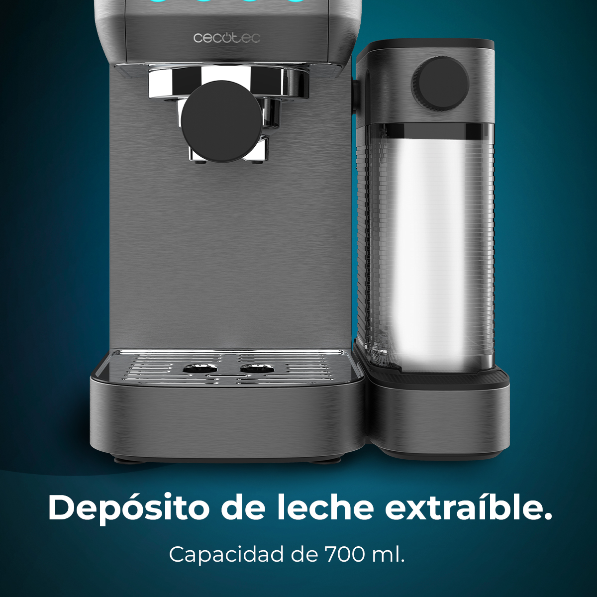 Eine metallische Espressomaschine mit abnehmbarem Milchbehälter. Text darunter: 'Abnehmbarer Milchbehälter. 700 ml Fassungsvermögen'.