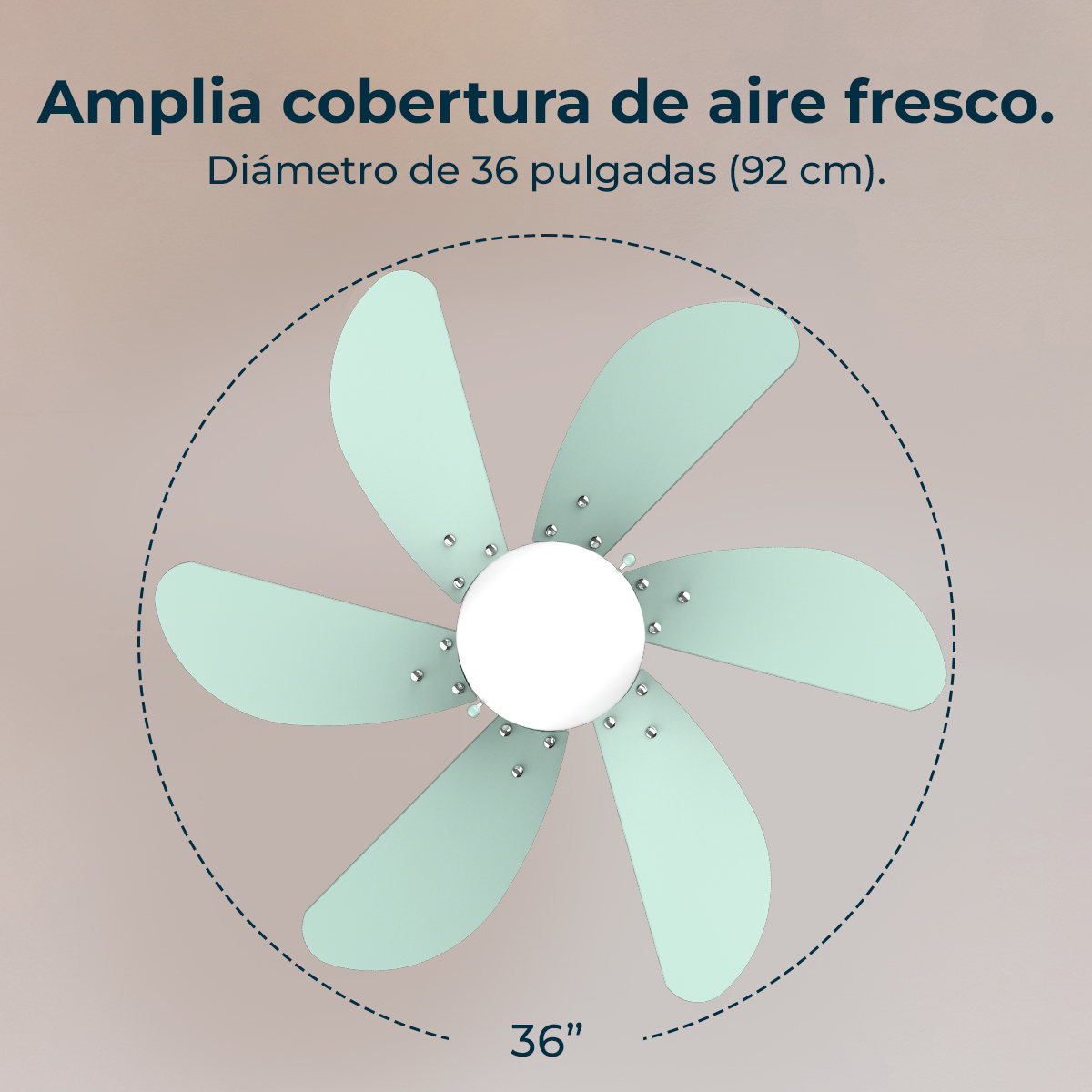Un ventilatore a soffitto con sei pale verde chiaro. Il ventilatore è centrato, circondato da una linea tratteggiata con la scritta '36"' sotto.