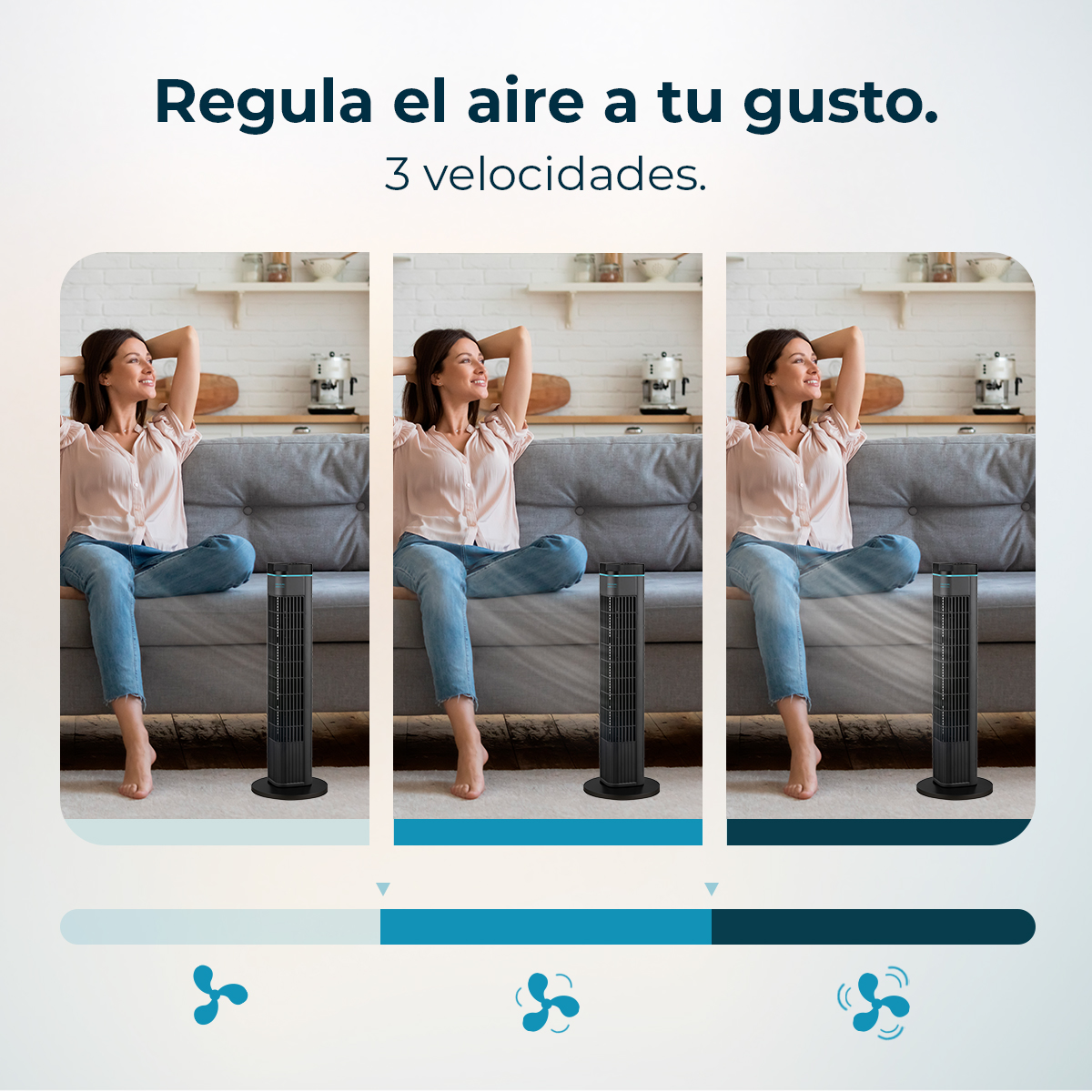 Trzy obrazy pokazują kobietę, wentylator i prędkości. Tekst brzmi: Regula el aire a tu gusto. 3 velocidades.