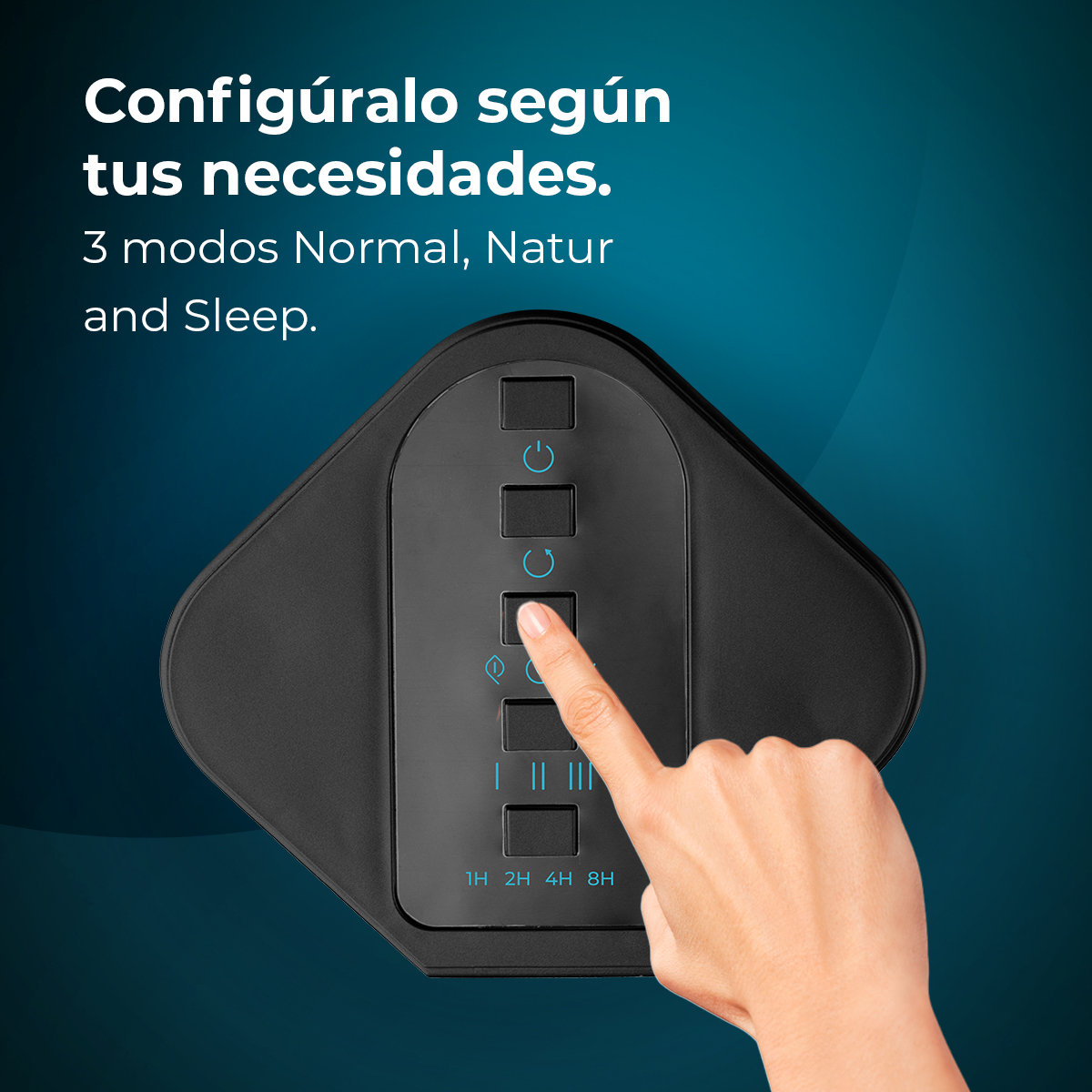 Ręka dotyka przycisku na czarnym urządzeniu. Powyższy tekst mówi: „Skonfiguruj go zgodnie ze swoimi potrzebami”. Przyciski obejmują zasilanie, tryb i timer.