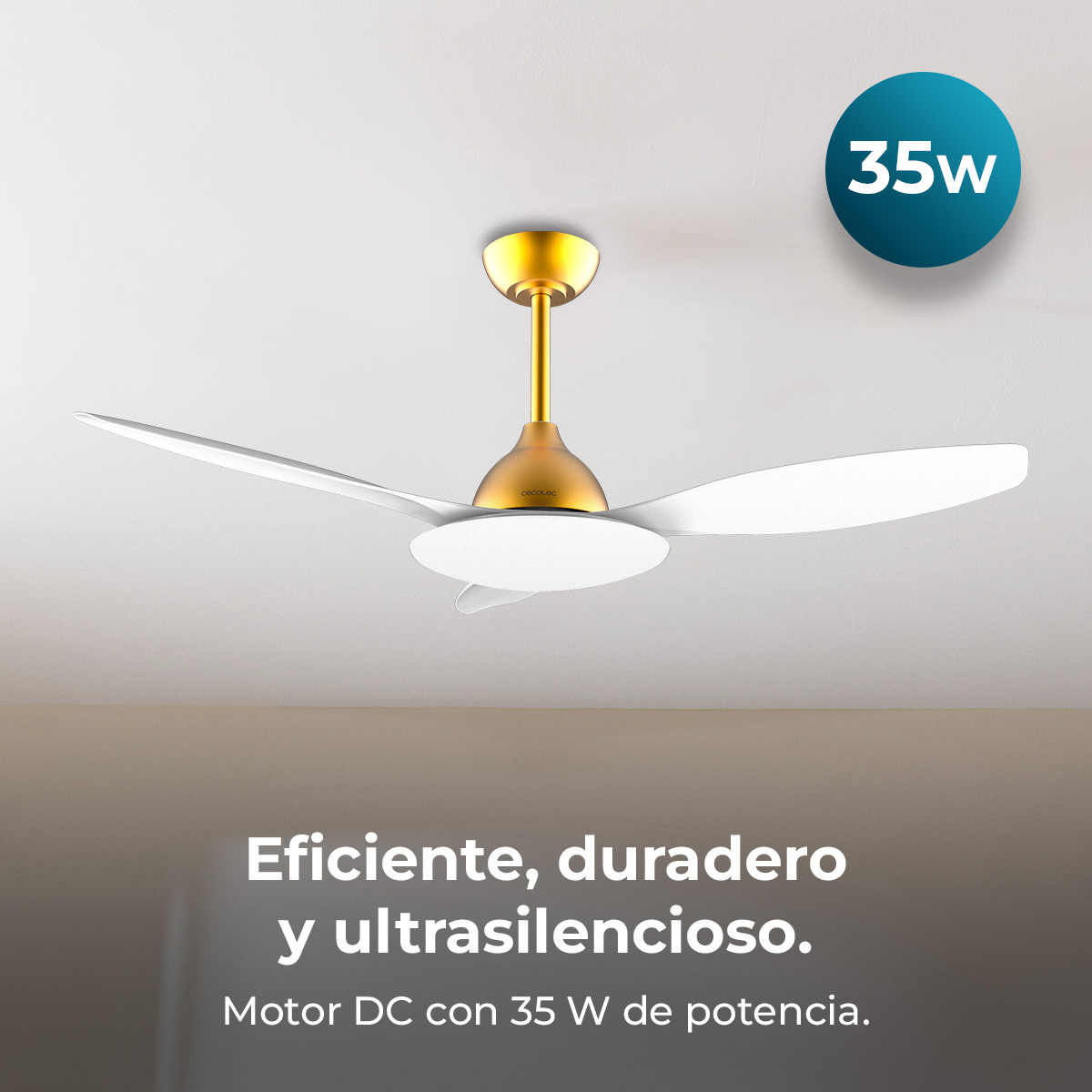 Ein Deckenventilator mit weißen Flügeln und einem goldenen Motor. Ein blauer Kreis mit 35 W steht oben rechts.