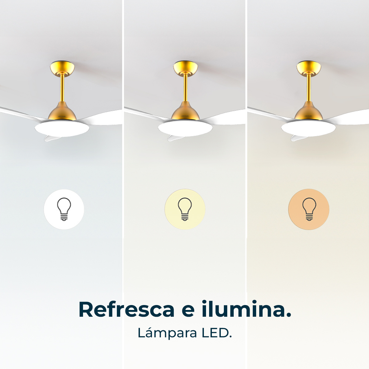 Das Bild zeigt einen Deckenventilator mit verschiedenen Lichtfarboptionen und dem Text 'Refresca e ilumina' (Kühlen und beleuchten).