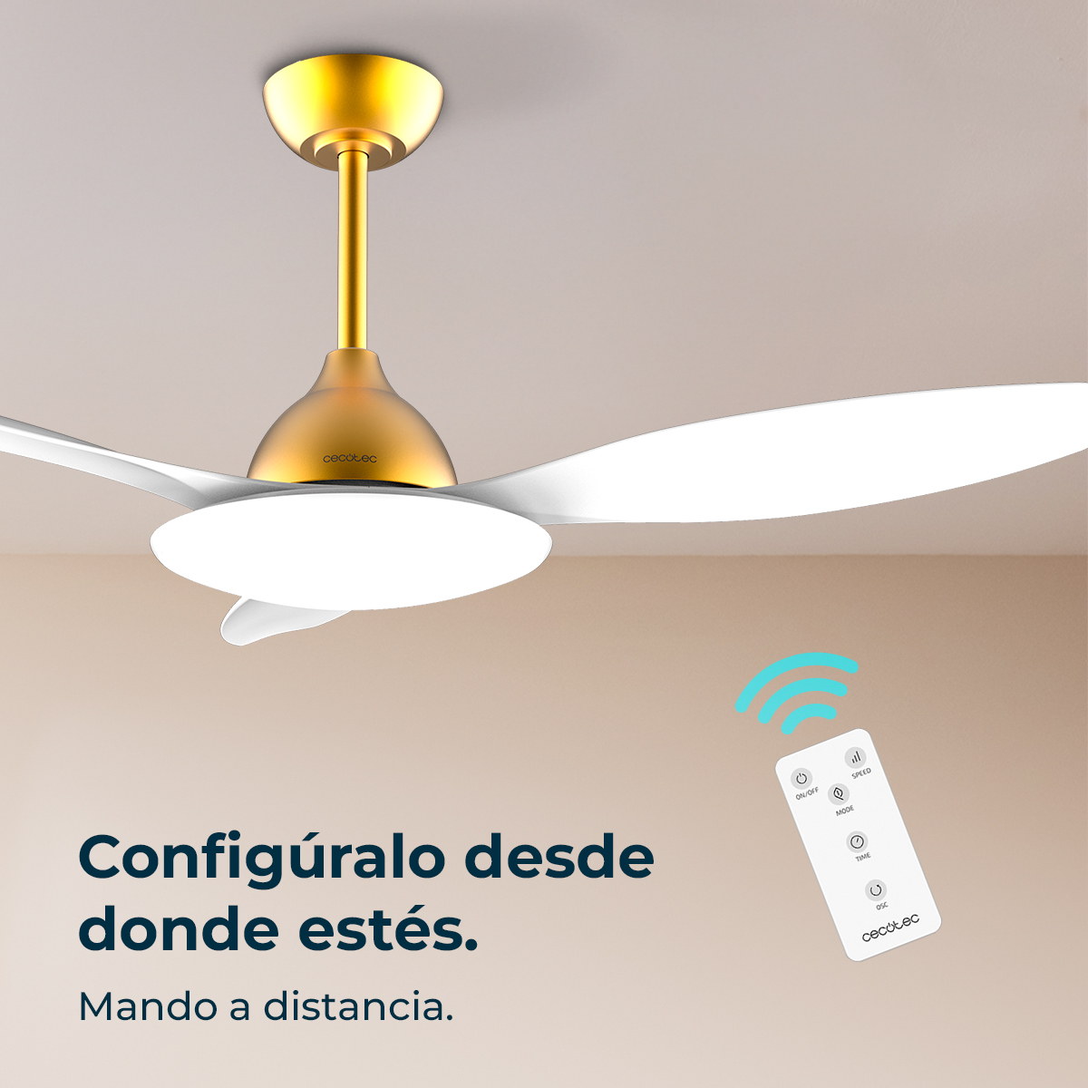 Ein goldener und weißer Deckenventilator mit Fernbedienung. Der Text lautet: 'Konfigurieren Sie es von überall aus' und 'Fernbedienung'.