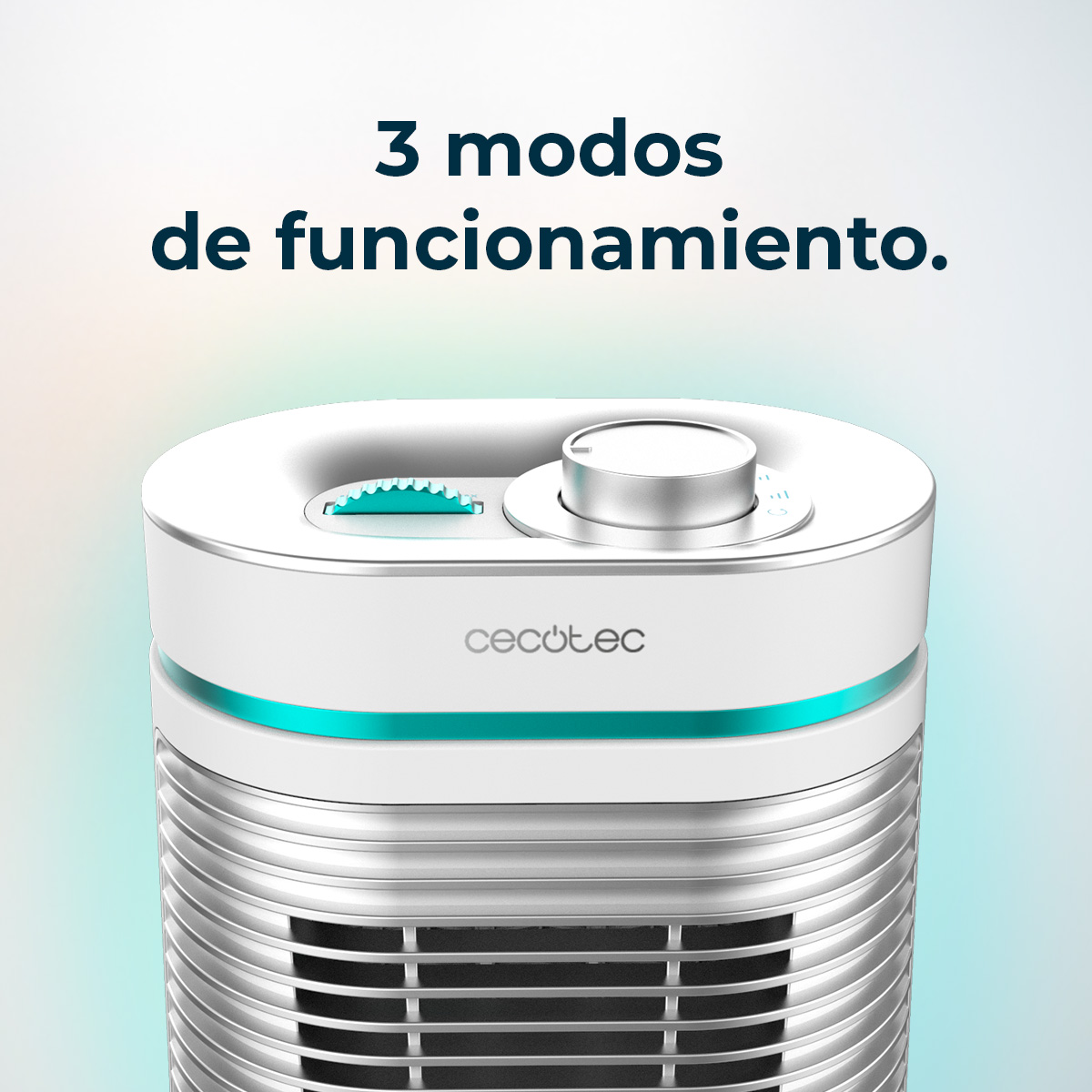 Een witte en zilveren ventilator met een bedieningsknop en turquoise accenten. De tekst '3 modos de funcionamiento' staat bovenaan.