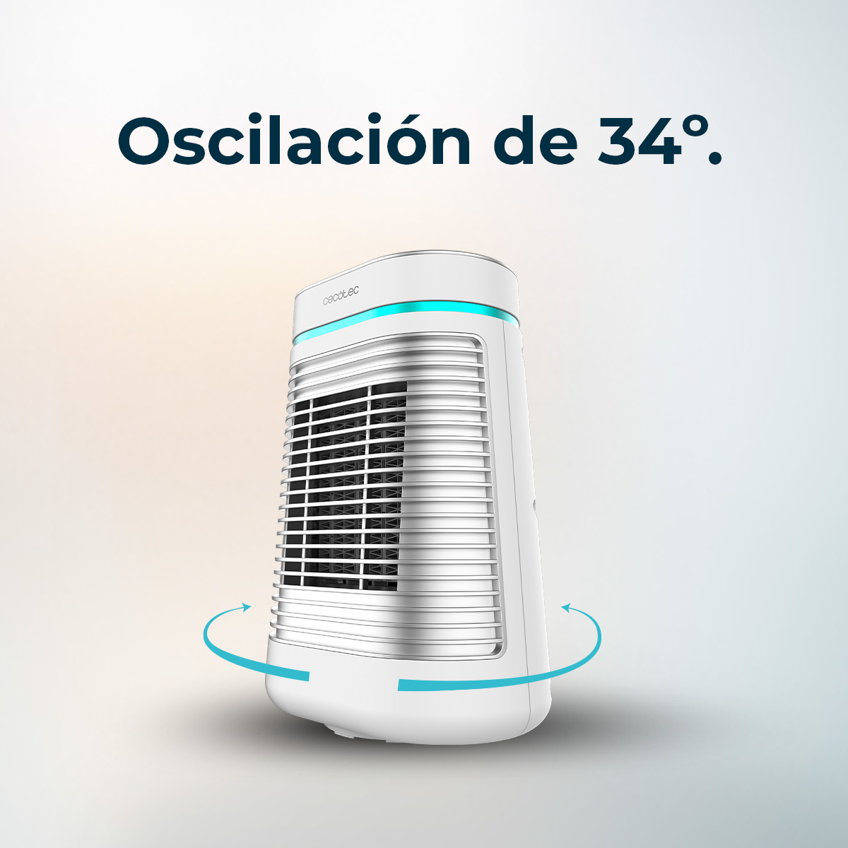 Een witte luchtreiniger met blauwe accenten. Boven staat 'Oscilación de 34°'. Blauwe pijlen geven oscillatie aan.