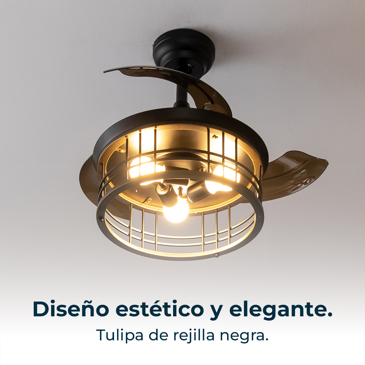 Un ventilatore da soffitto nero con un apparecchio di illuminazione a gabbia. Il ventilatore ha le pale ed è montato su un soffitto bianco.