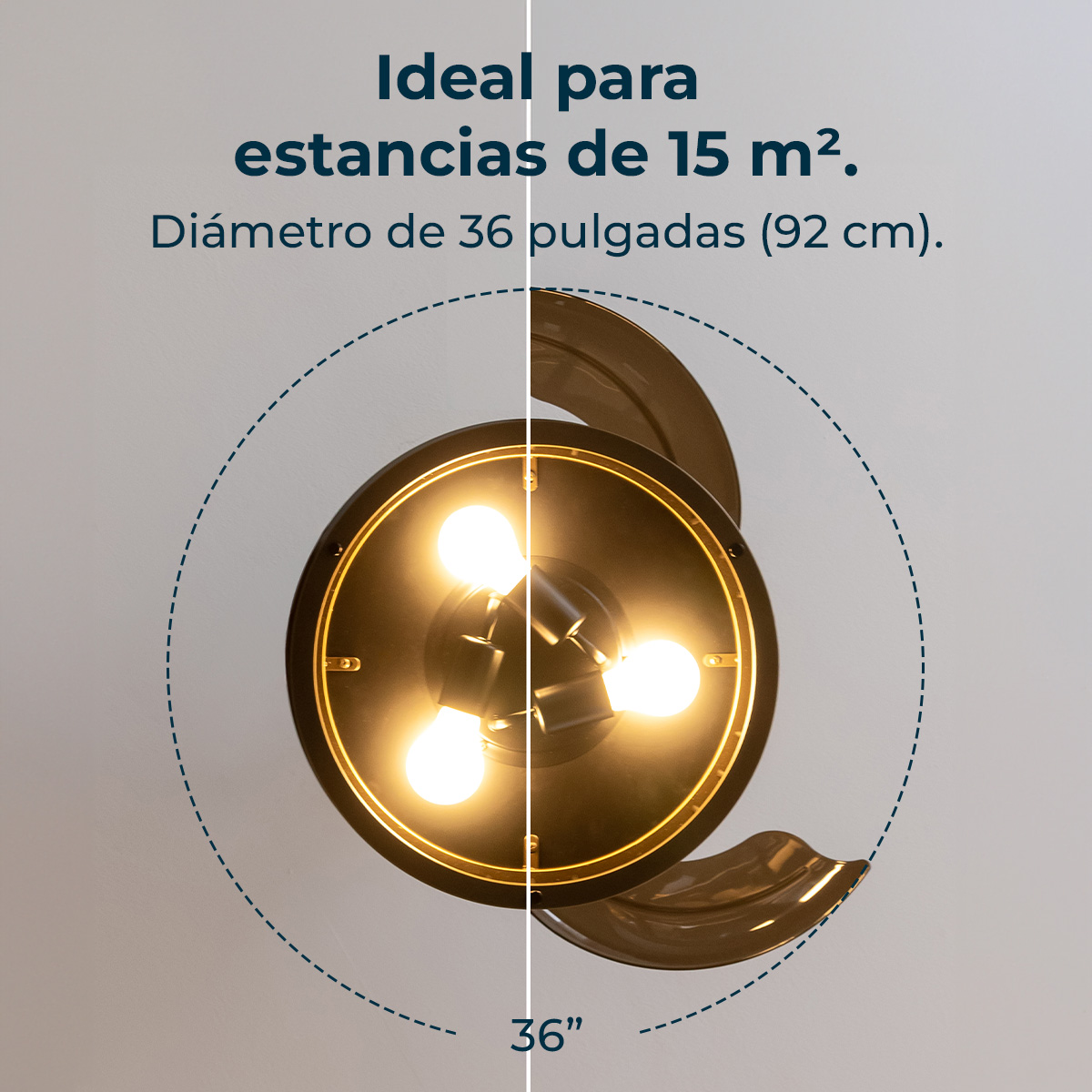 Un ventilatore a soffitto con tre luci. È nero e oro con un diametro di 36 pollici. Il testo recita: ideale per stanze di 15 m².