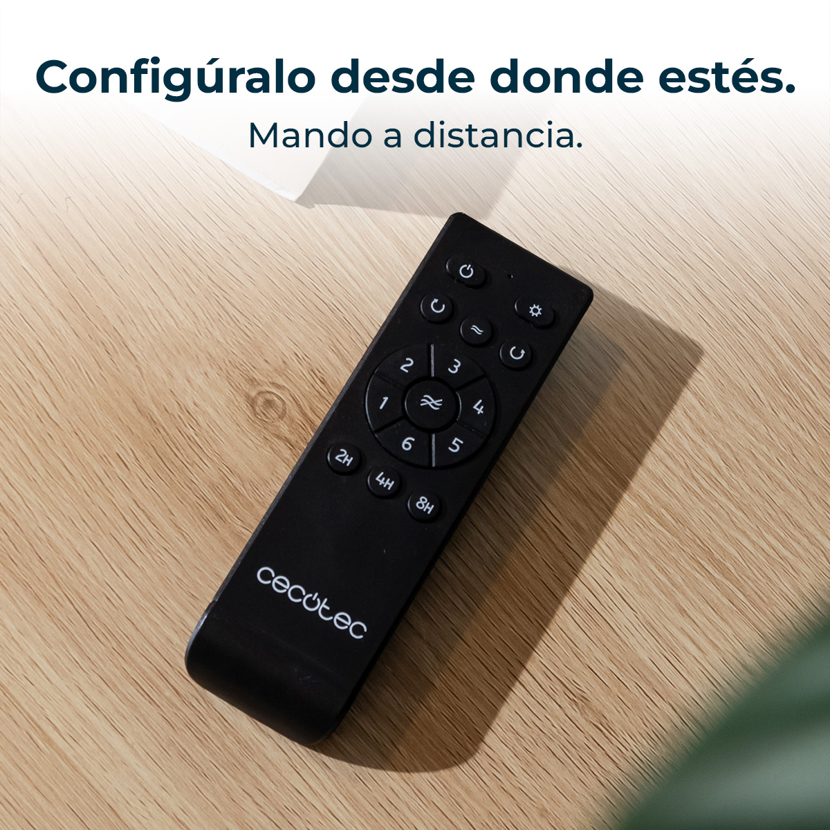Un telecomando nero su una superficie di legno con la scritta 'cecotec'. Il telecomando ha pulsanti e numeri.