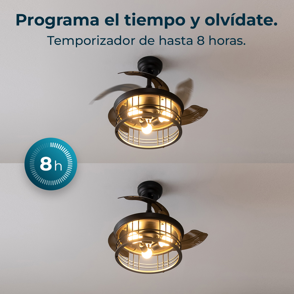 Due ventilatori a soffitto con luci. Il testo dice: 'Programma il tempo e dimentica. Timer fino a 8 ore'. Un'icona 8h a sinistra.
