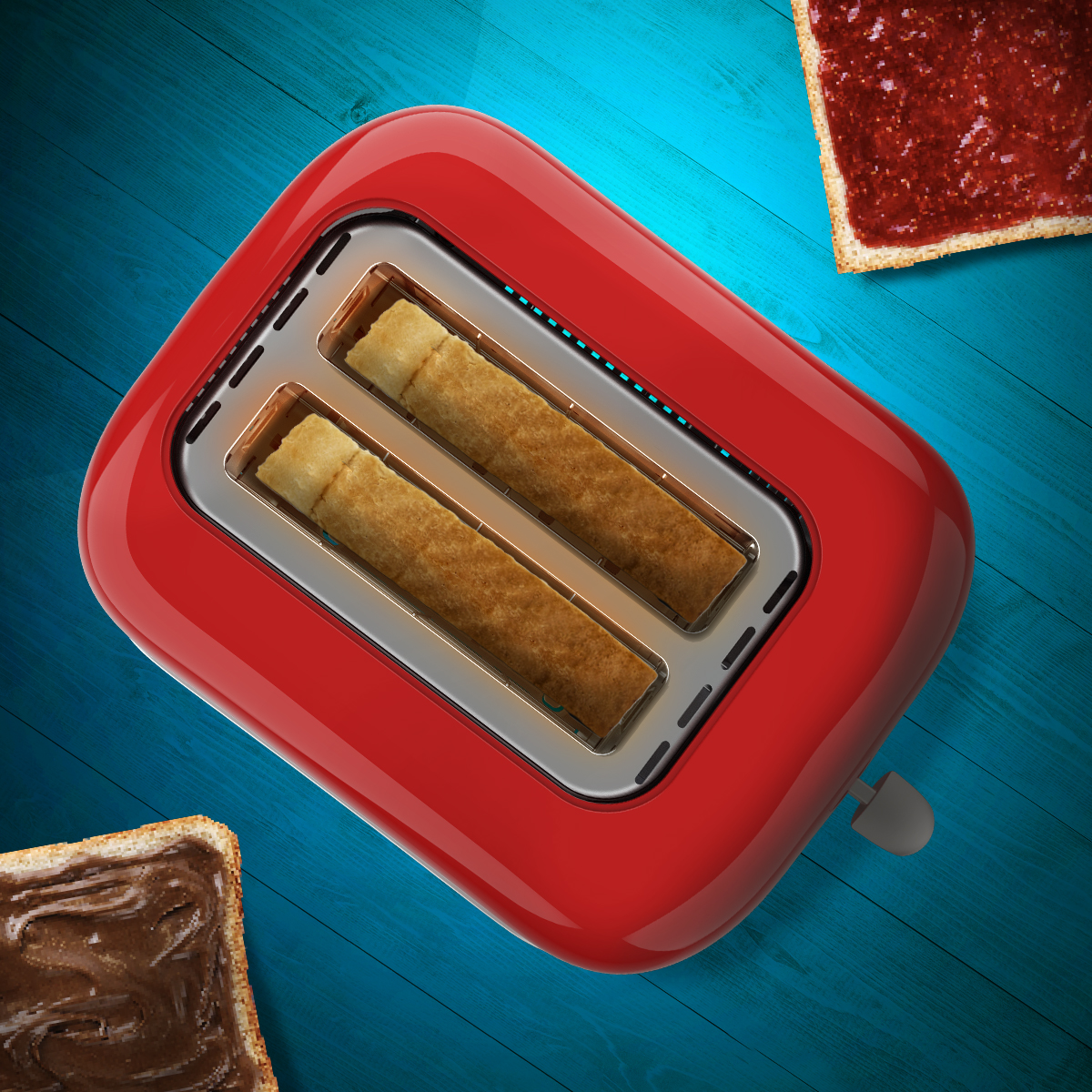 Czerwony toster z dwoma kromkami tostów w środku. Dwie kromki tostów z dodatkami na niebieskim drewnianym tle.