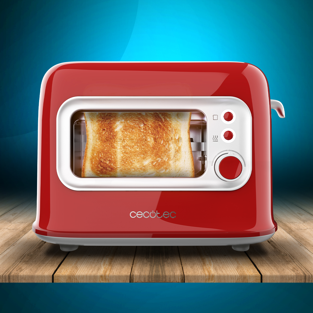 Czerwony toster z kromką tostowanego chleba w środku, stojący na drewnianej powierzchni. Widoczne niebieskie gradientowe tło.