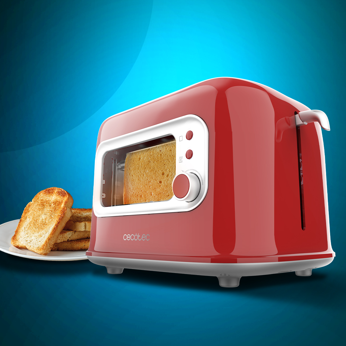 Czerwony toster z tostami w środku i na talerzu. Tło to gradient niebieski.