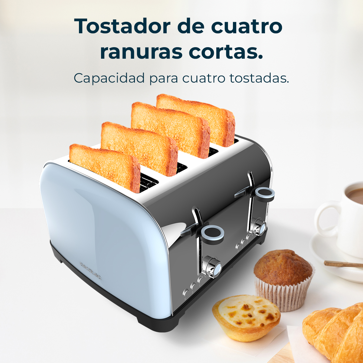 Un tostapane a quattro fessure con quattro fette di pane tostato. Sono presenti anche un muffin, una crostata, un croissant e una tazza di caffè.
