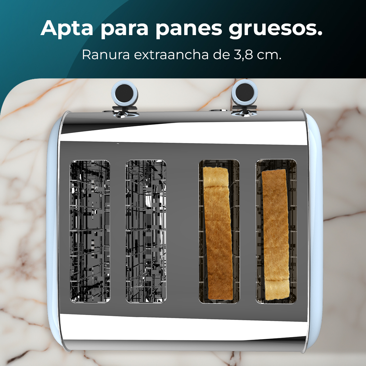 Un tostapane cromato con due fette di pane tostato. Testo sopra: 'Apta para panes gruesos' e 'Ranura extraancha de 3,8 cm'.
