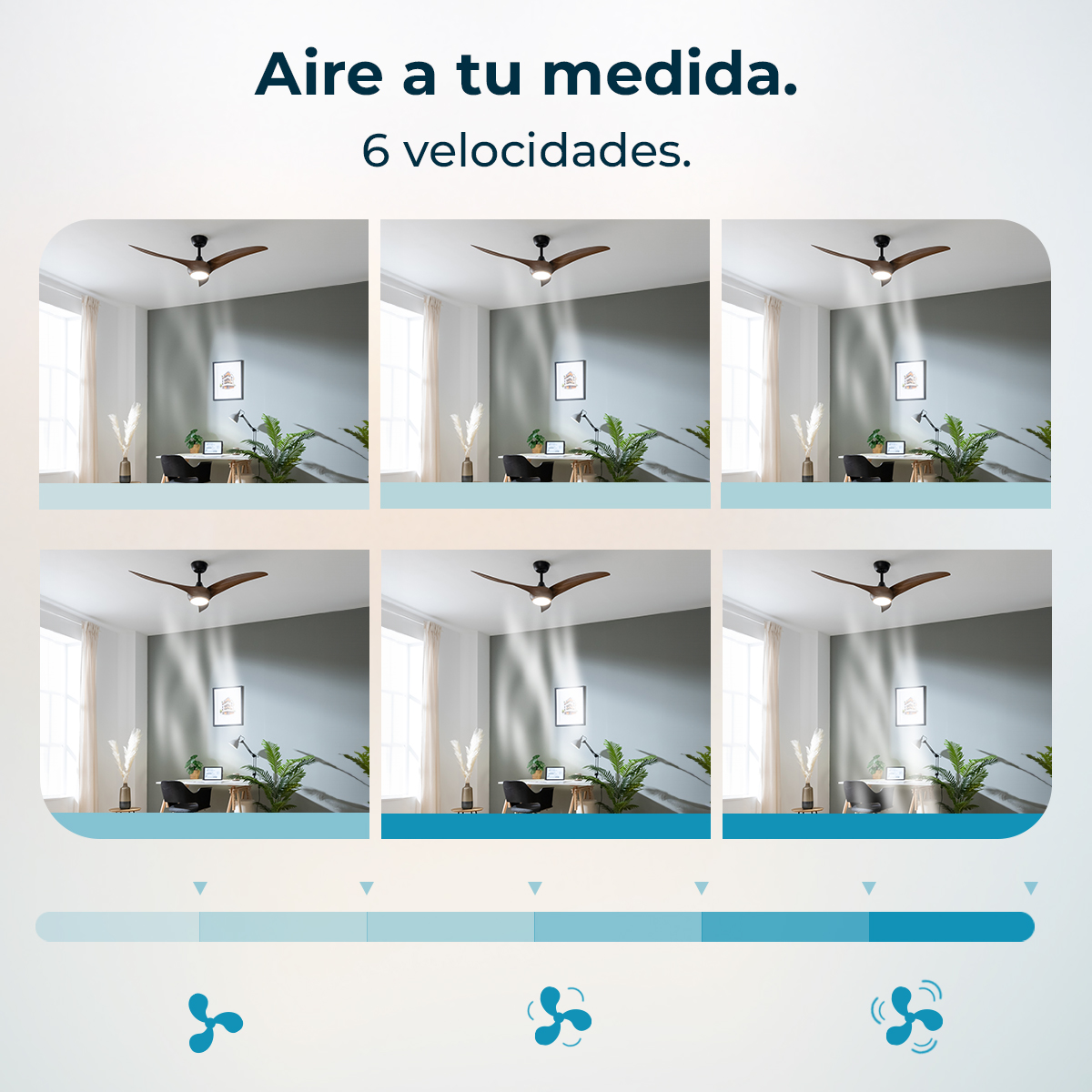 Obraz pokazuje sześć pomieszczeń z wentylatorami sufitowymi. Grafika ilustruje ustawienia prędkości. Tekst: 'Aire a tu medida. 6 velocidades.'