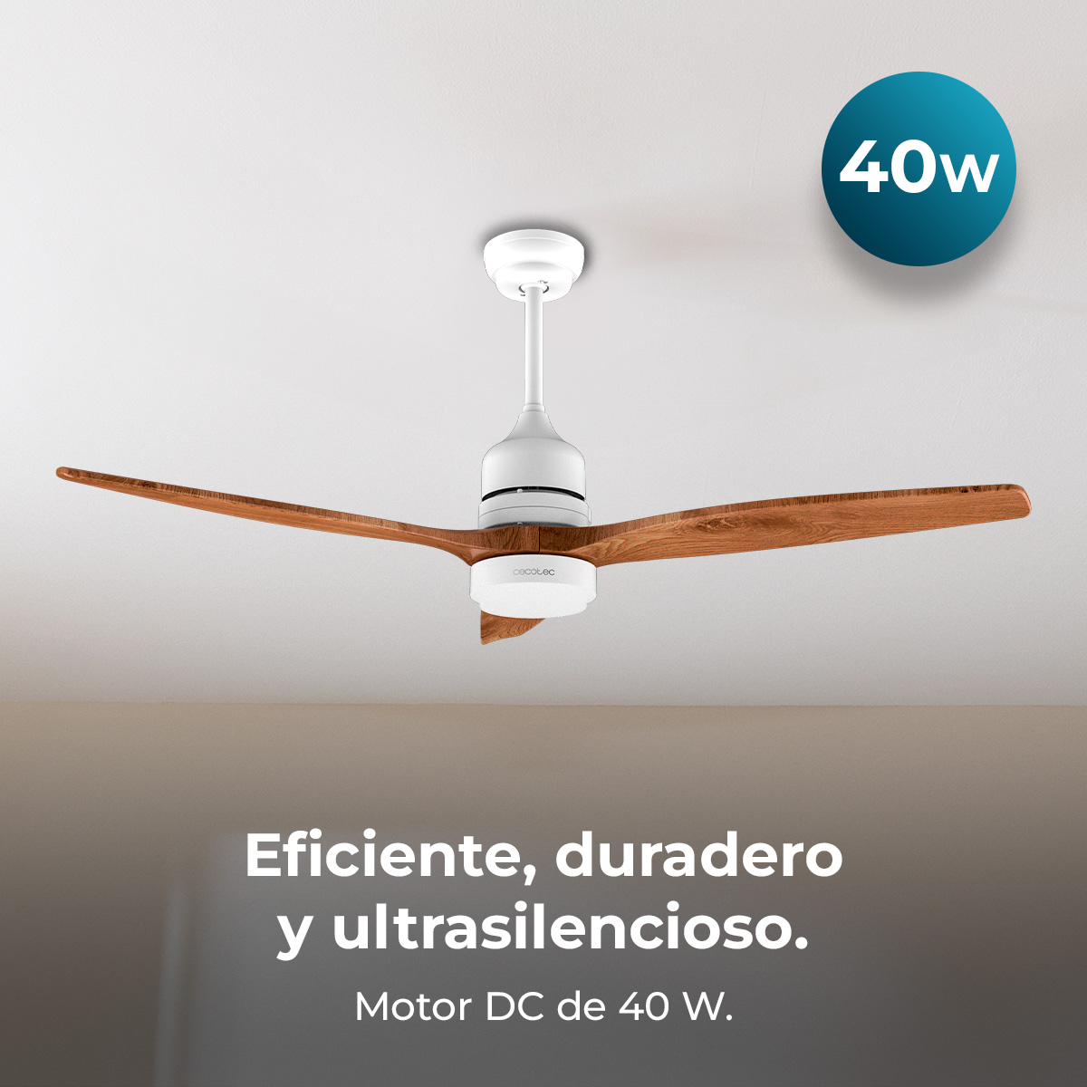 Ein weißer Deckenventilator mit Holzblättern wird angezeigt. Ein blauer Kreis zeigt 40 W. Der Text darunter lautet: Effizient, langlebig und ultraleise.