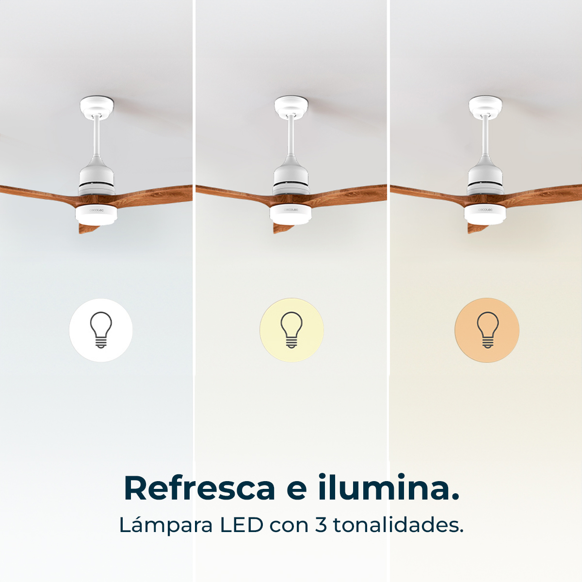 Das Bild zeigt einen Deckenventilator mit verschiedenen Lichteinstellungen. Text: Kühlen und beleuchten. LED-Lampe mit 3 Farbtönen.