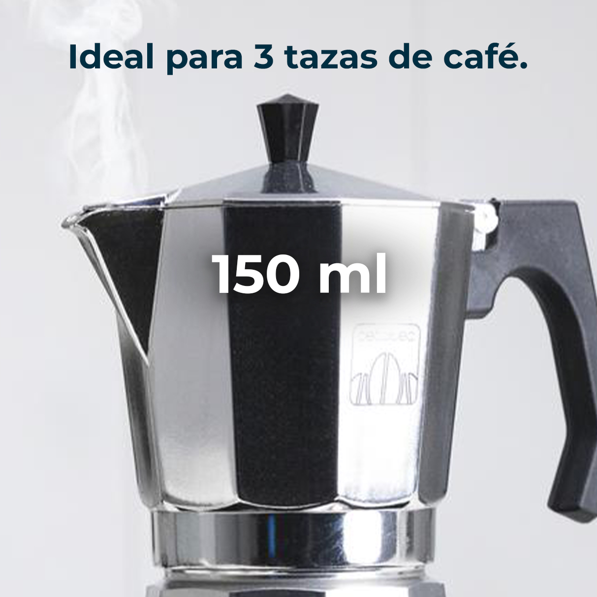 Una cafetera metálica con asa y tapa negras. Dice '150 ml' e 'Ideal para 3 tazas de café'.