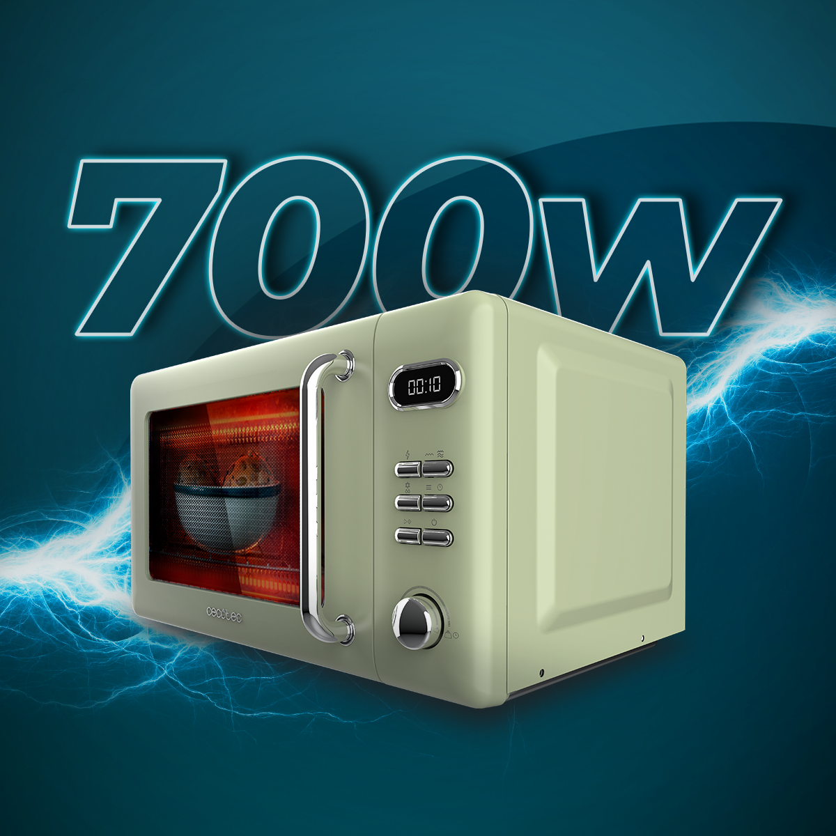 Miętowy zielony kuchenka mikrofalowa z cyfrowym wyświetlaczem pokazuje 00:10. Drzwi kuchenki mikrofalowej są otwarte, a w środku znajduje się miska. 700W jest napisane powyżej.