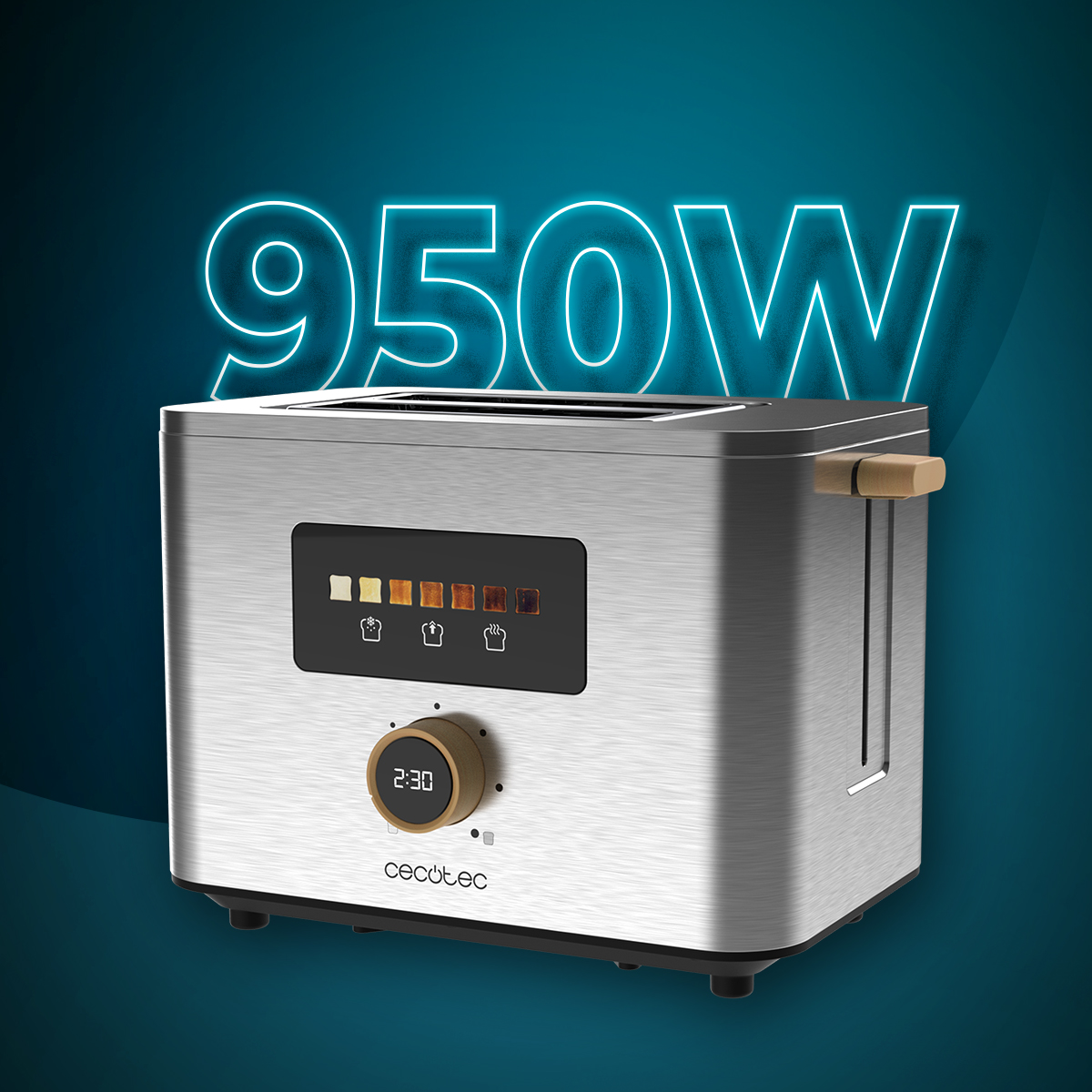 Een zilveren broodrooster met houten handvat en een digitaal display met verschillende bruiningsniveaus, 950W.