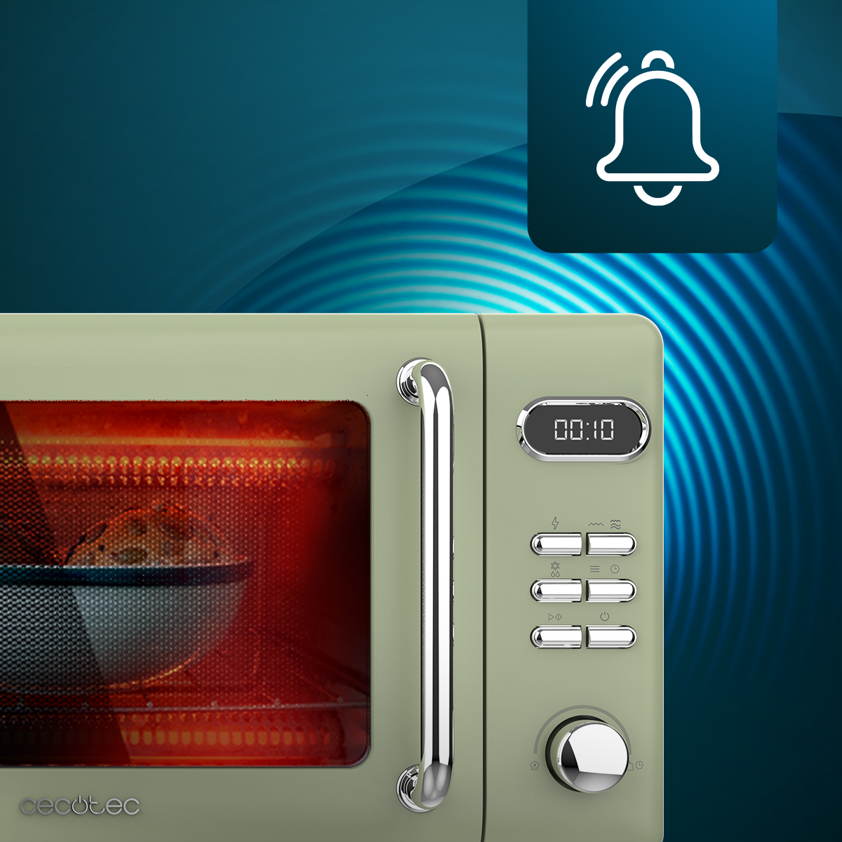 Miętowy zielony piekarnik mikrofalowy z cyfrowym wyświetlaczem 00:10. W środku gotuje się jedzenie. Ikona dzwonka w tle.