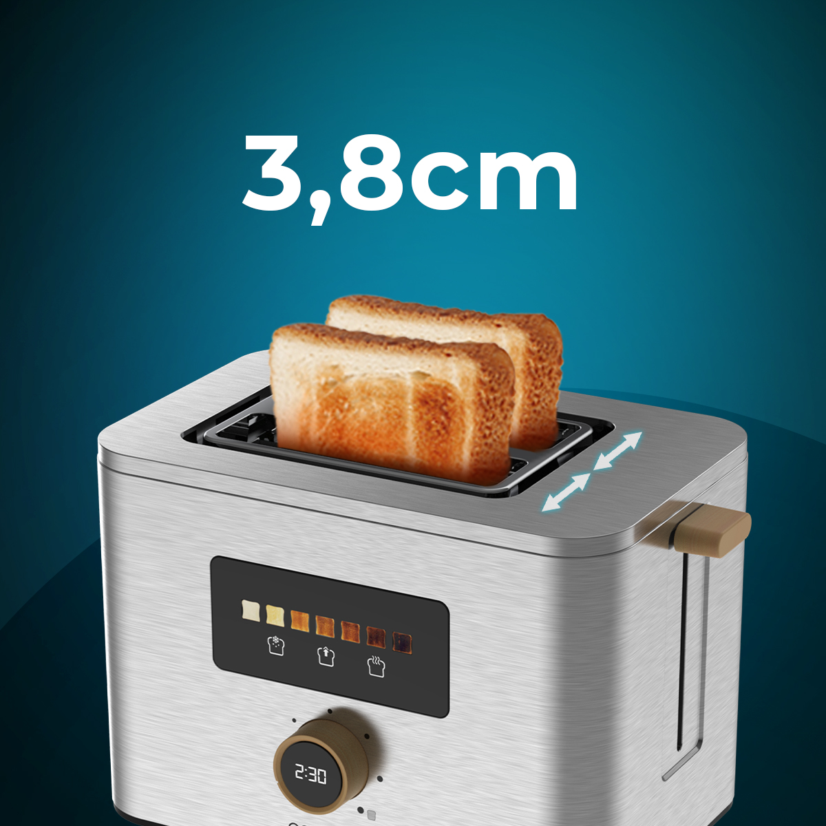 Een moderne broodrooster met twee sneetjes geroosterd brood. Kenmerken: timer, bruiningsinstellingen en een hendel. Geborstelde metalen afwerking.