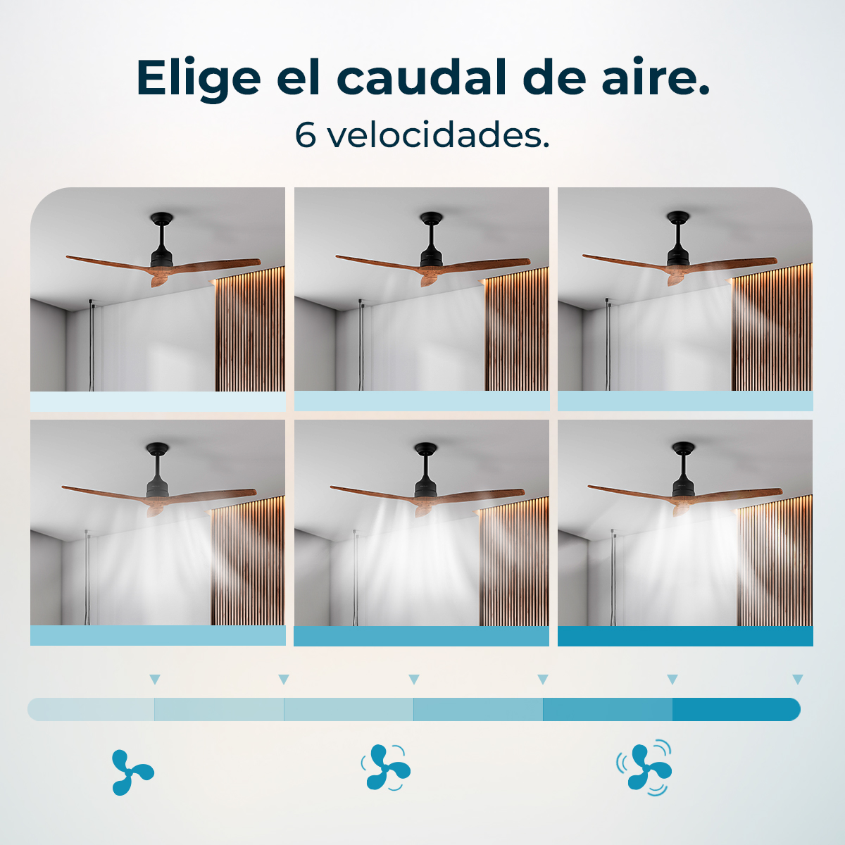 L'immagine mostra 6 ventilatori a soffitto a diverse velocità. Il testo dice: 'Scegli il flusso d'aria. 6 velocità'.
