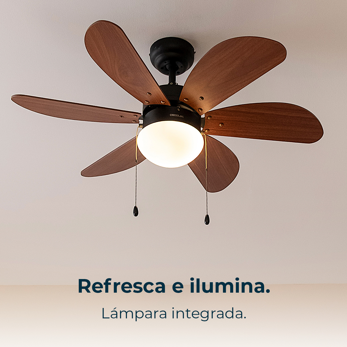 Ventilatore da soffitto con pale in legno e luce centrale. Nero e marrone, con soffitto bianco sullo sfondo.