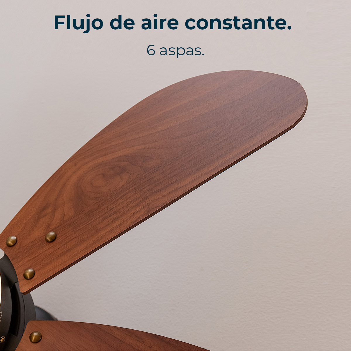 Primo piano di un ventilatore a soffitto con pale in legno. Il testo sopra recita: 'Flusso d'aria costante. 6 pale.'