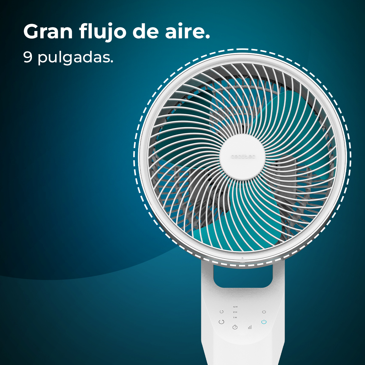 Un ventilador blanco y gris con cabezal circular, sobre un fondo azul degradado. El texto dice 'Gran flujo de aire' y '9 pulgadas'.