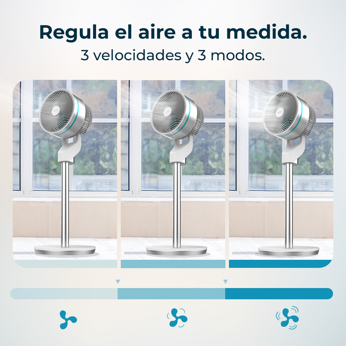 Se muestran tres ventiladores, cada uno con una velocidad diferente. El texto dice: 'Regula el aire a tu medida. 3 velocidades y 3 modos.'